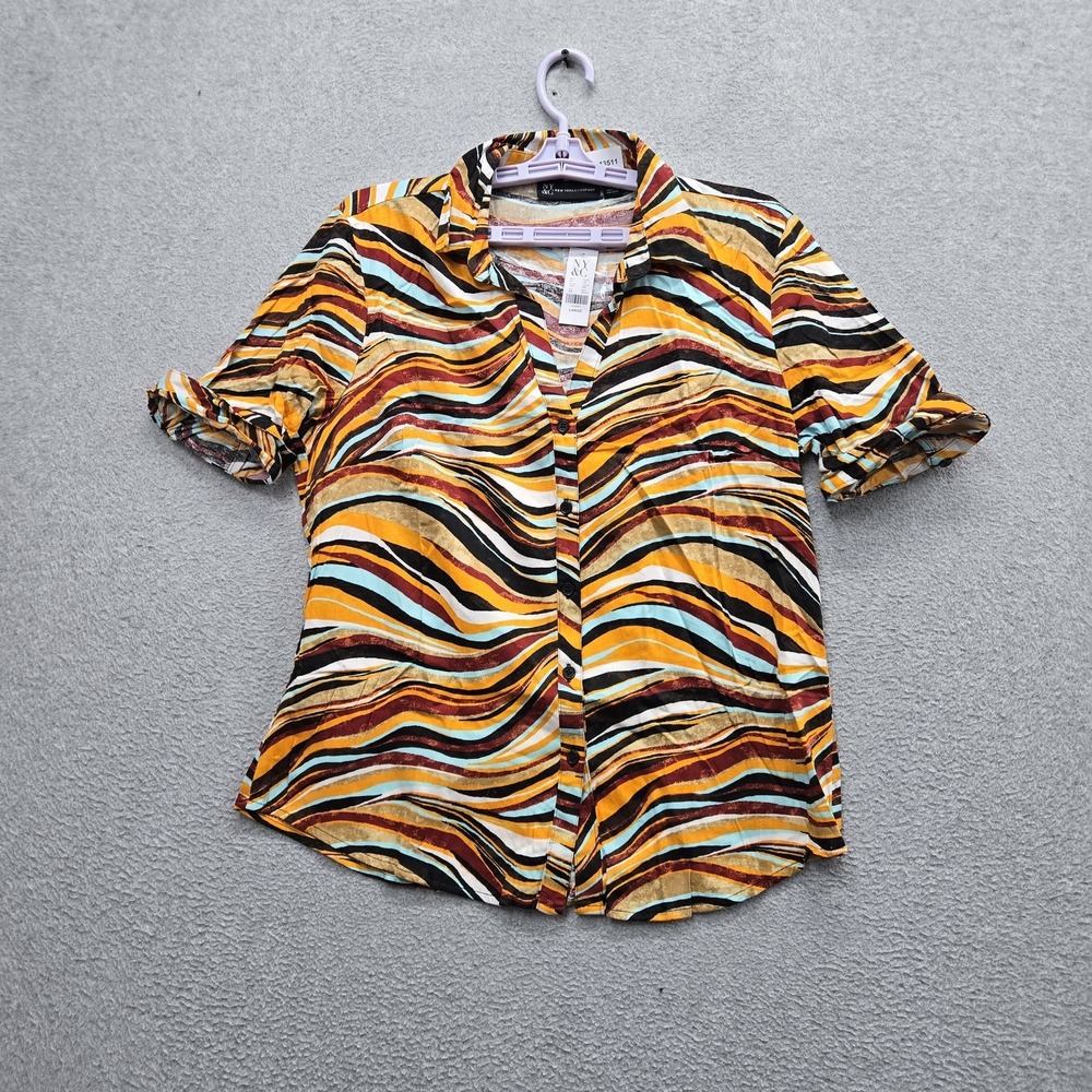 New York & Company Women Blouse L Yellow Geometric Button Front Mob Wife